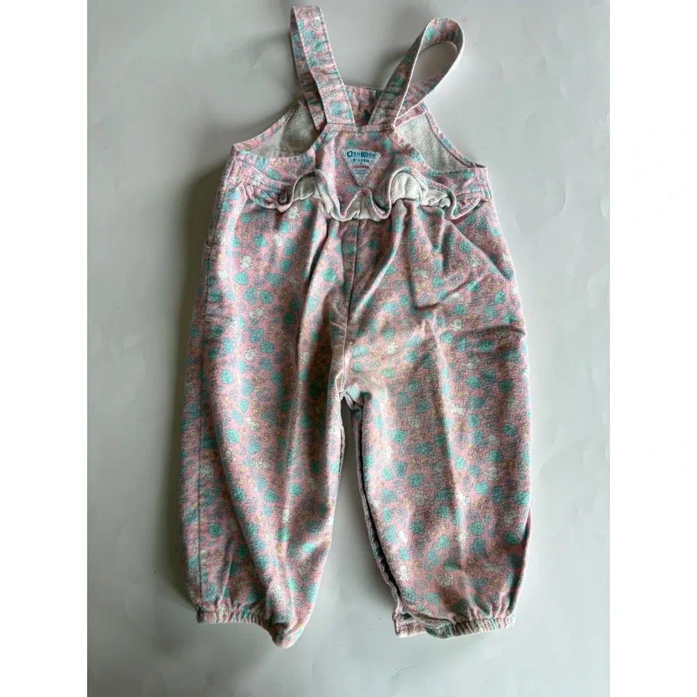 Vintage OshKosh Bgosh Pink Floral Bear Bunny Flannel Overalls 24M Made in USA